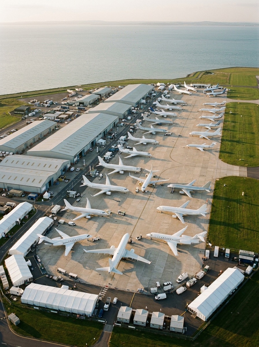 Aerial view of an aerospace exhibition apron beside the water, aircraft ranked across the concrete