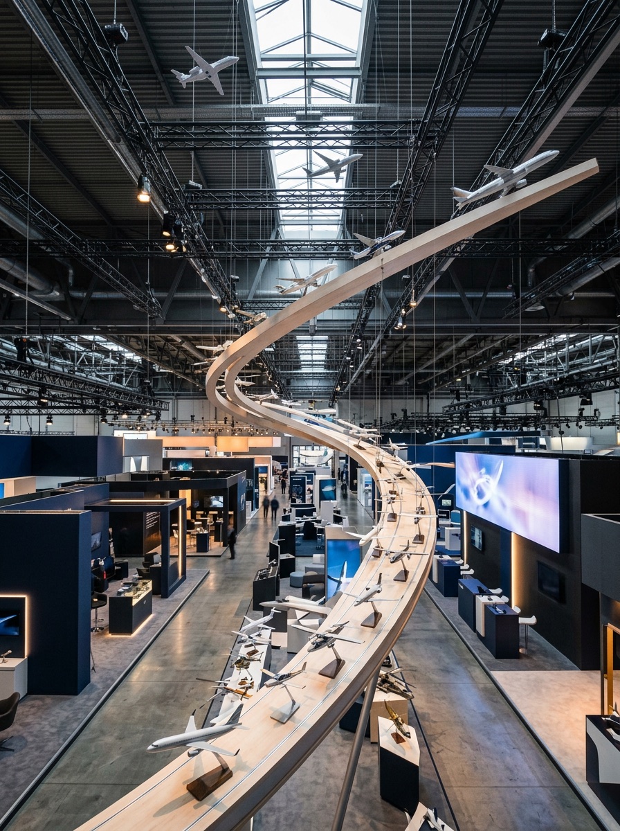 Inside an aerospace exhibition hall, model aircraft rising along a sweeping display armature