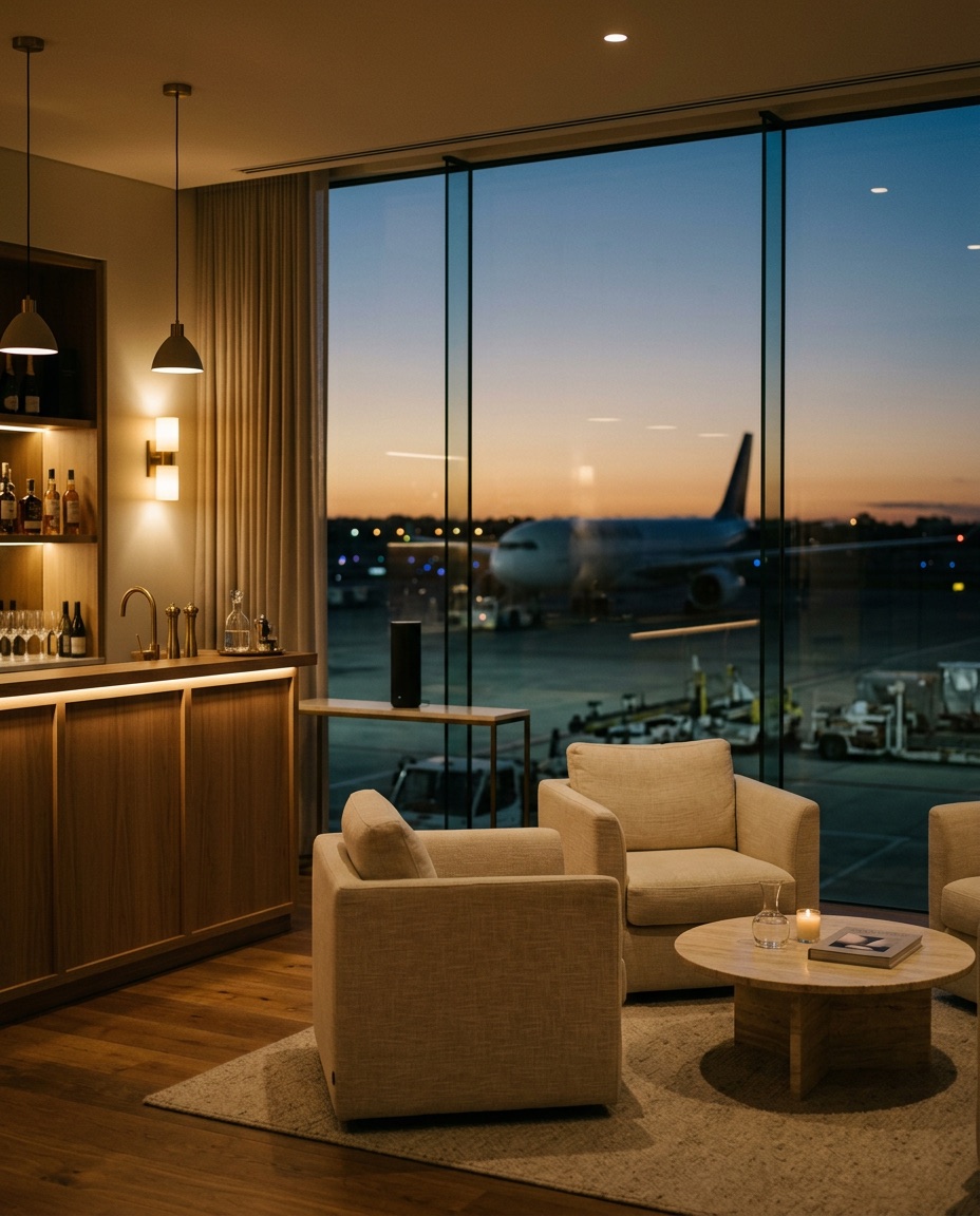 A hospitality suite at dusk overlooking the apron, a diffusion unit on the console