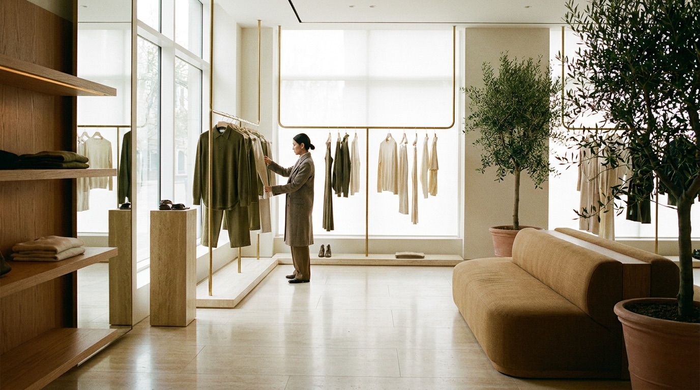 A calm, high-end boutique with a single shopper browsing unhurried — The Instinct Luxury Retail Is Really Trading On