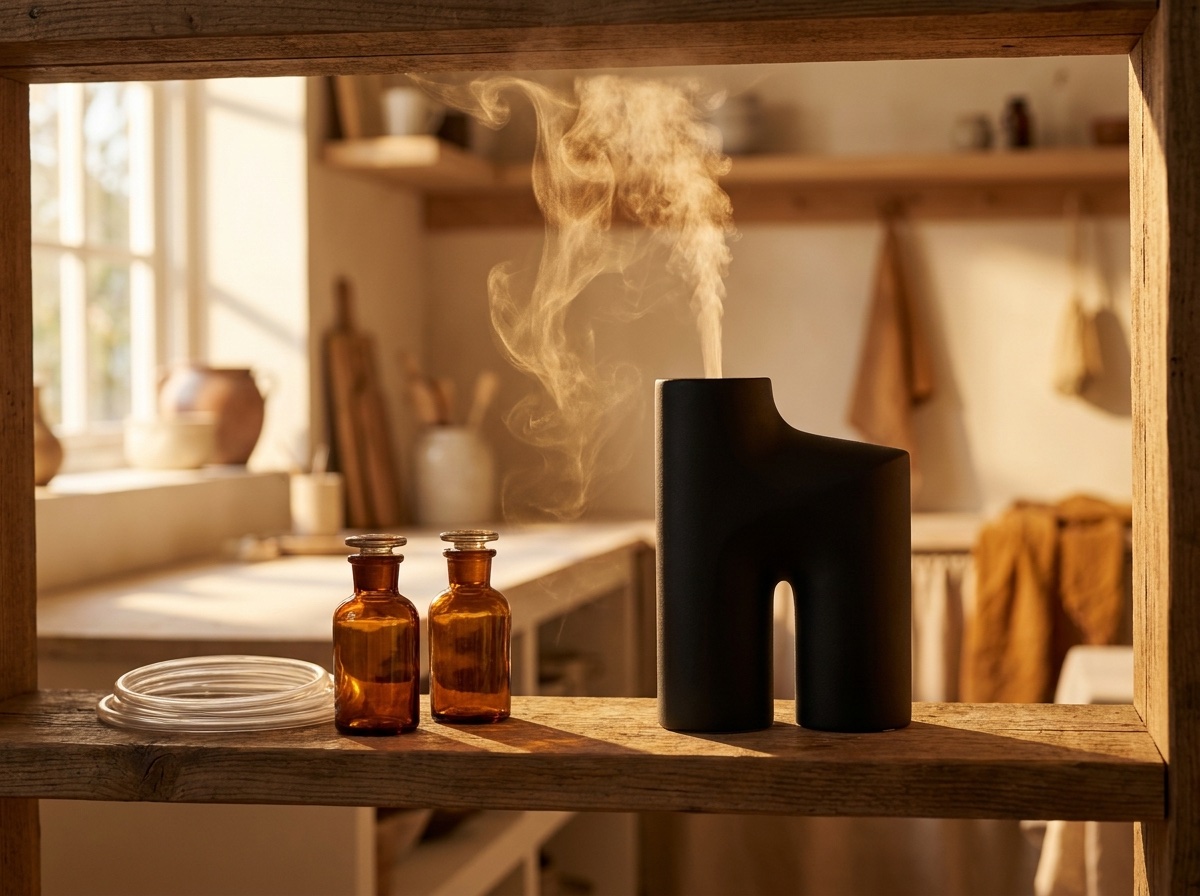 A sculptural diffuser releasing fine mist in warm light — Buying Scent Is an Operations Decision