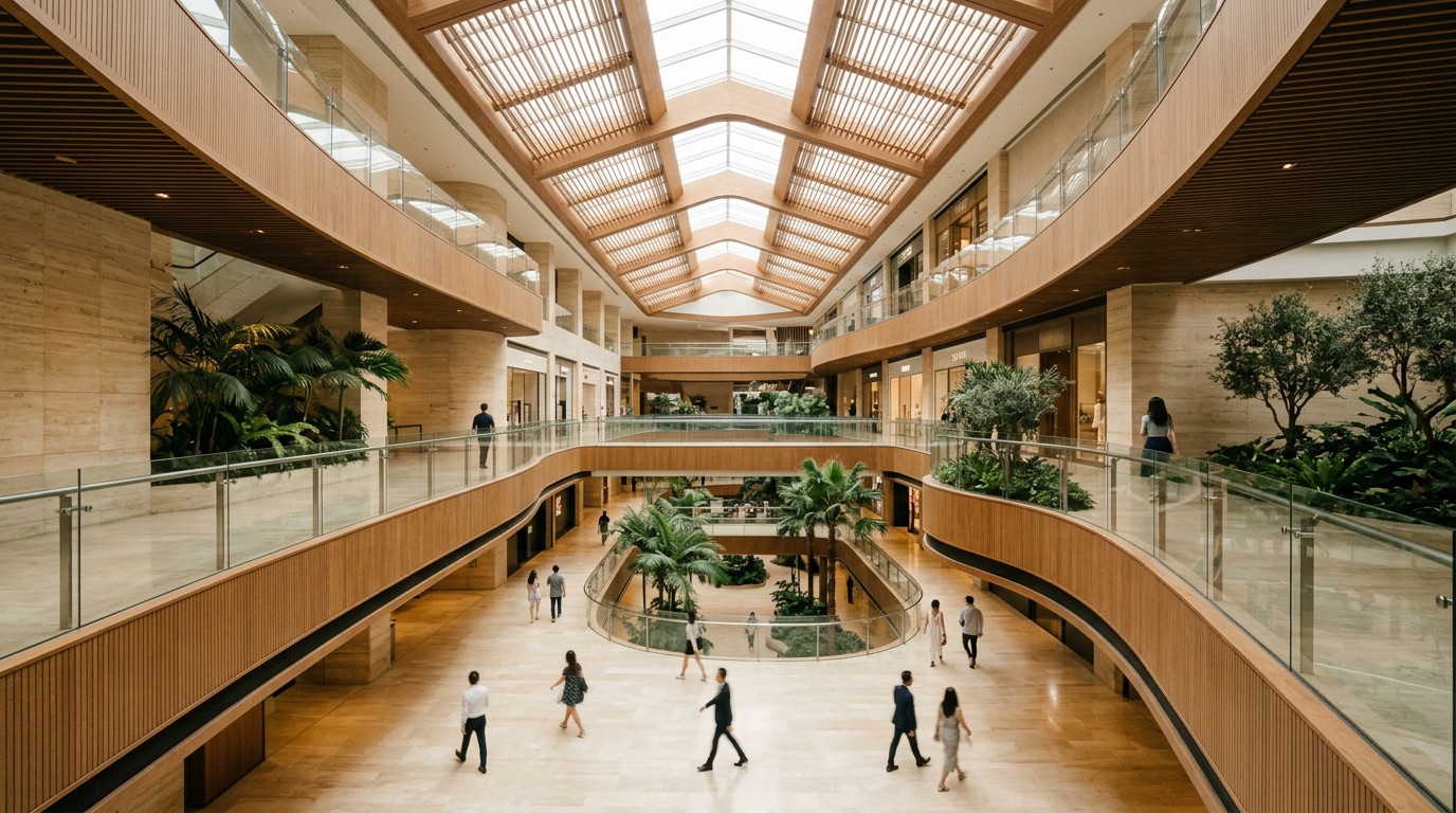 A contemporary shopping mall atrium in warm daylight, shoppers moving through with purpose
