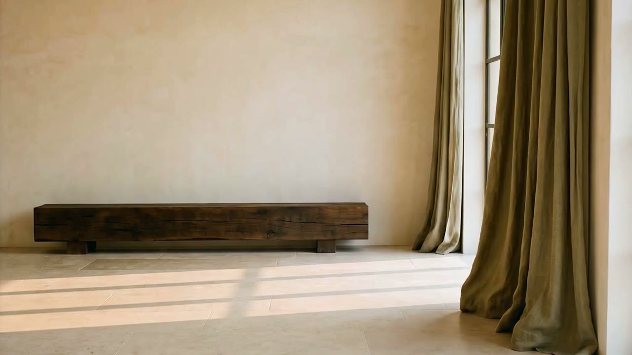 A still, empty room in morning light, with a long linen curtain at a tall window and a low timber bench against the wall