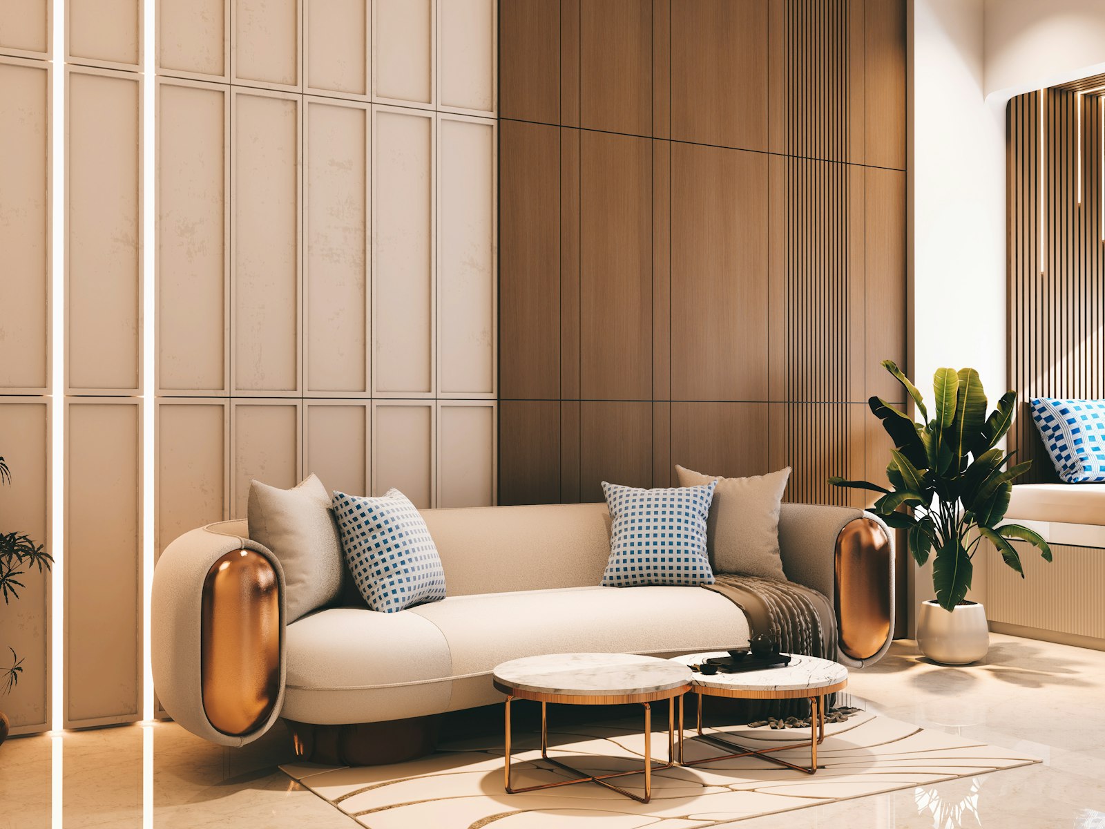 A layered interior of timber panelling, stone, and soft furnishings in warm light