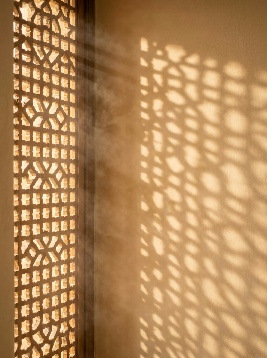Golden light through carved lattice screenwork, fragrant haze drifting through the shafts
