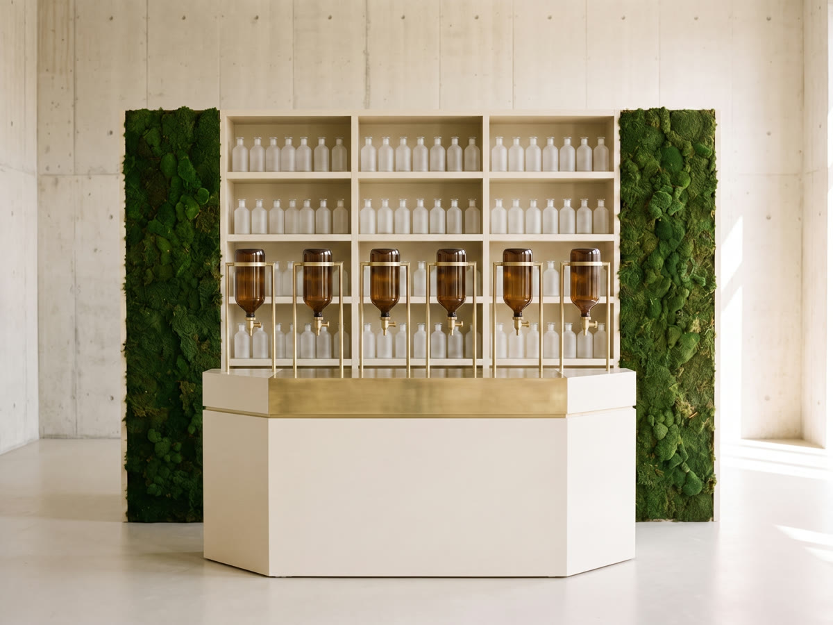 A scent bar installation with a tiered bottle wall and moss panels, amber dispensers on brass taps along the counter