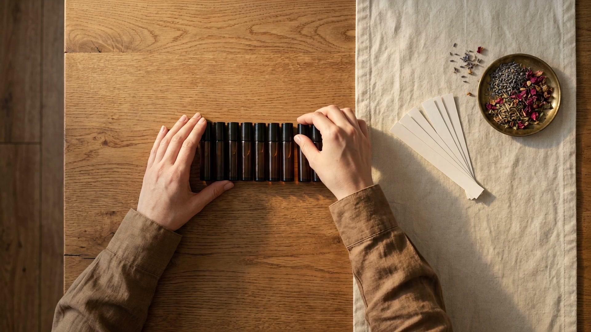 Hands arranging amber vials on an oak table — LASCENTING, Our Services