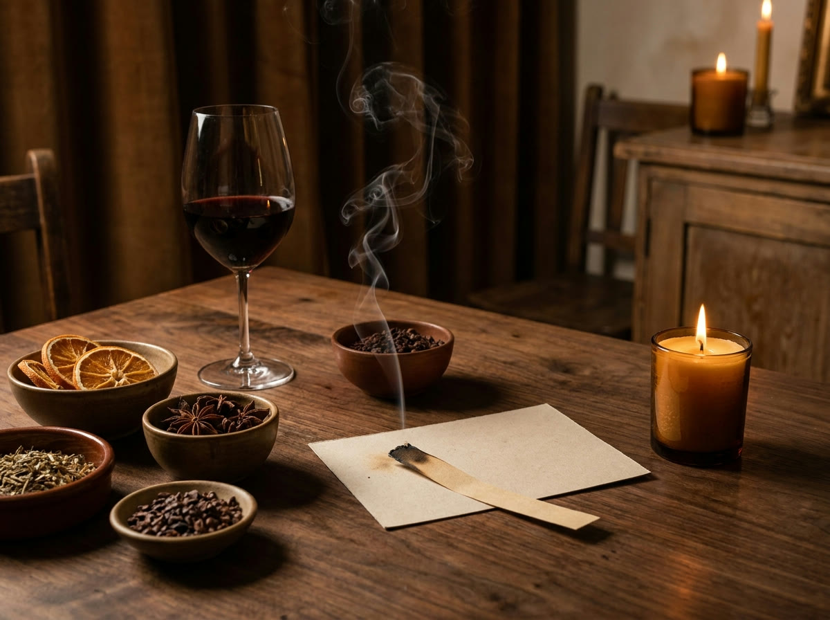 Wine and scent pairing — aromatic botanicals beside a glass of red wine