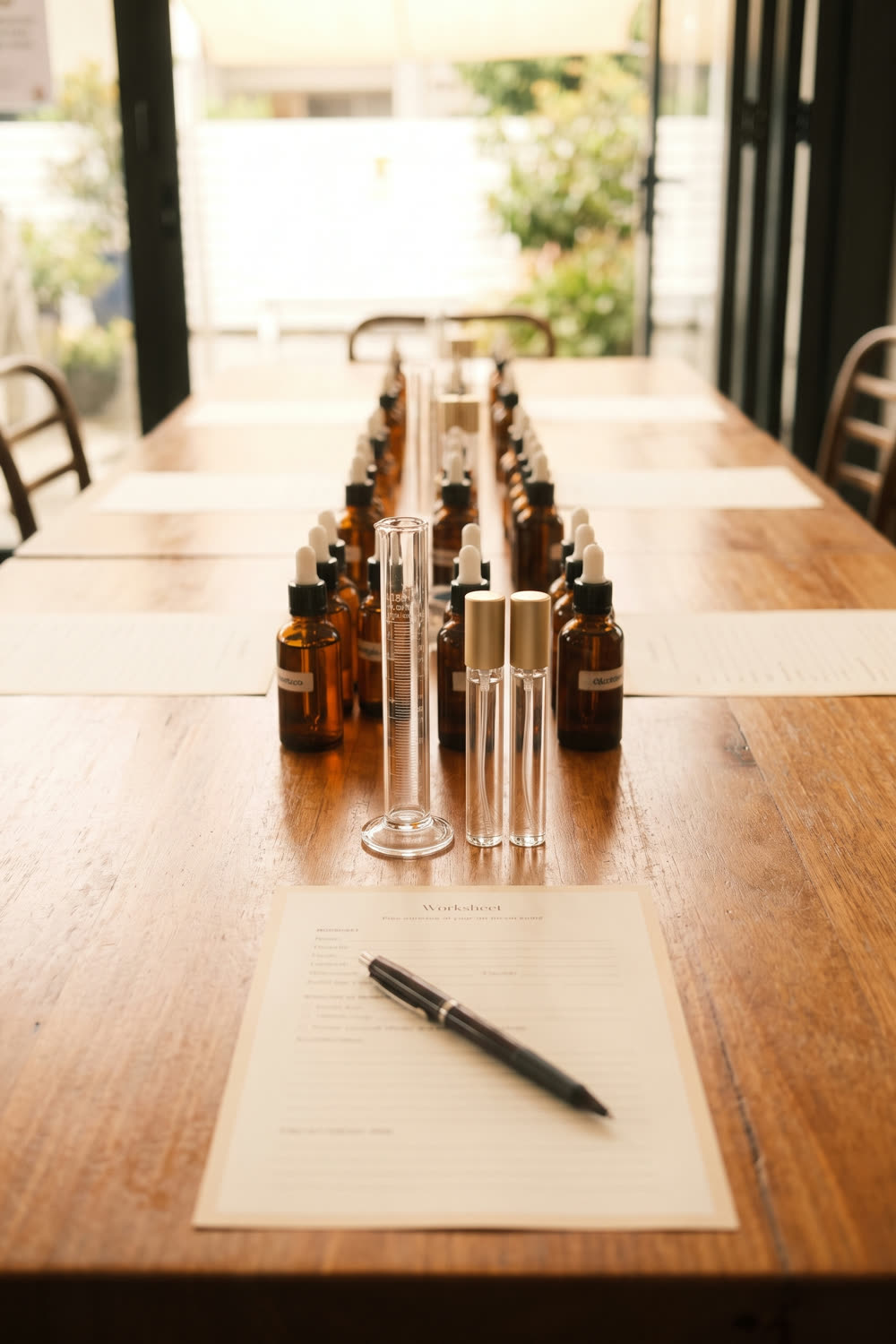 A workshop bench laid for a session: rows of amber dropper bottles either side of a glass measuring cylinder, sample vials, and a blank worksheet and pen in the foreground