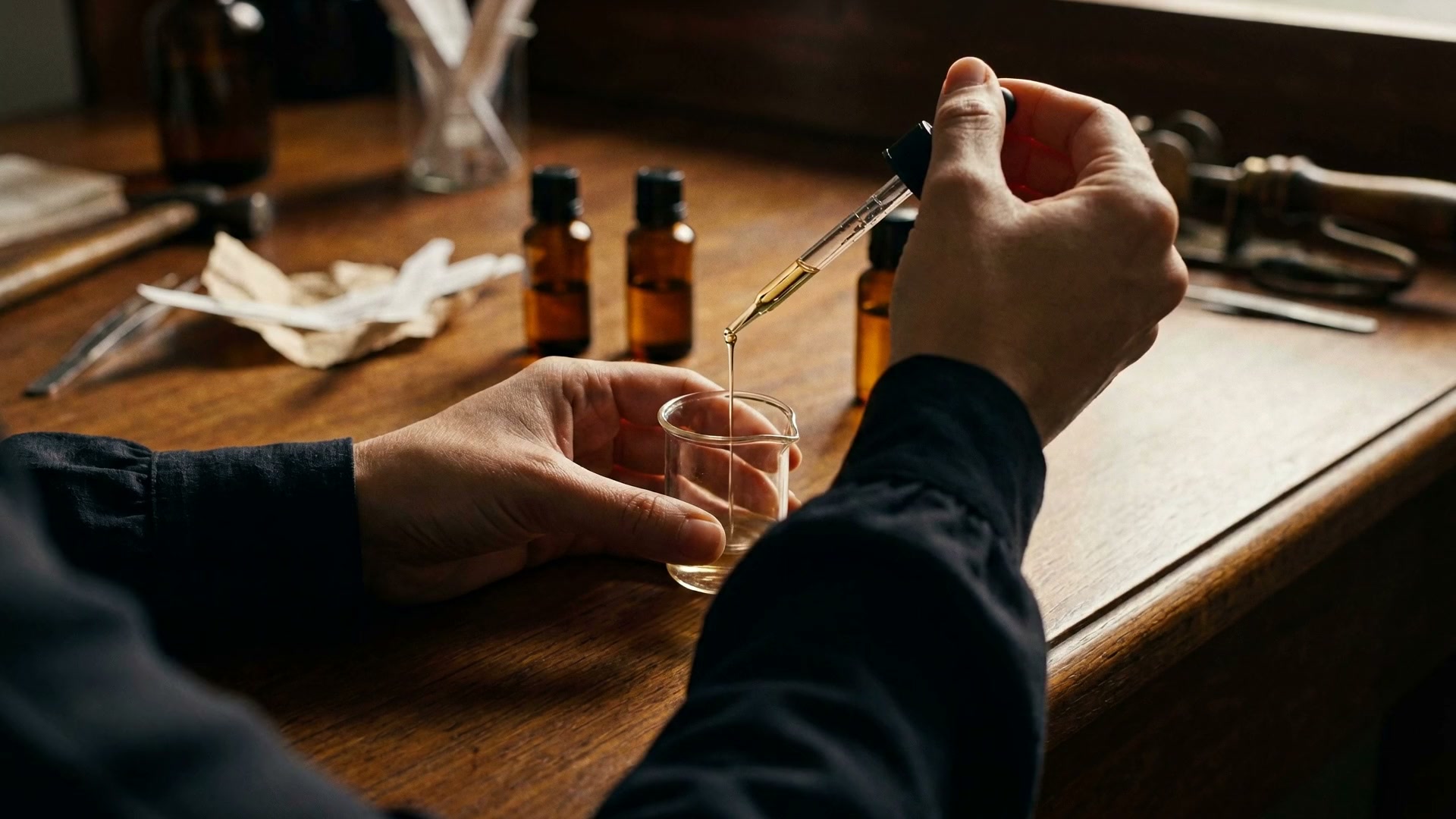 Hands blending fragrance at the bench — LASCENTING Interactive Scent Workshops